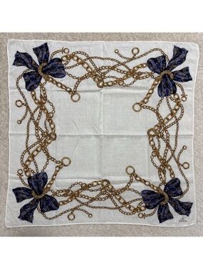 FENDI Scarf 18” Soft Cotton Scarf Chain & Bow Print Ivory/Goldtone/Blues EUC